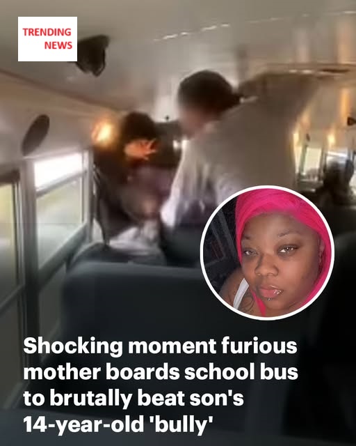 Moment furious Indiana mother boards school bus to brutally beat son's 14-year-old 'bully'
